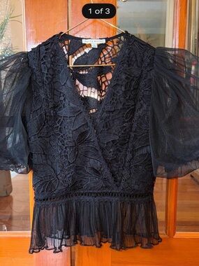Haute Monde Black Lace Puff-Sleeve Peplum Top